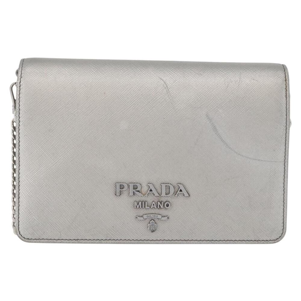 Prada Leather Chain Shoulder Bag Saffiano Silver